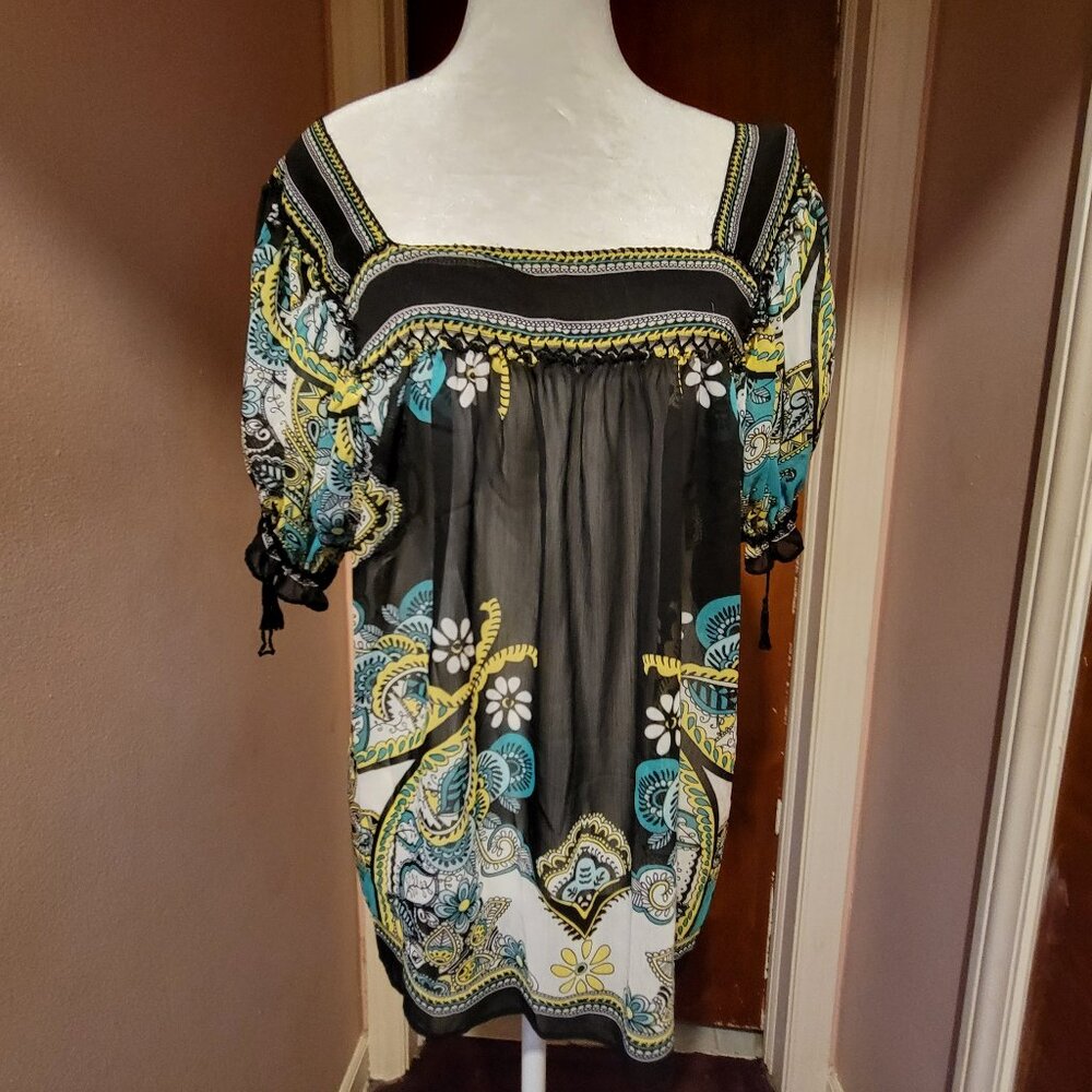 ECI Sheer Paisley Blouse - Size Large, Sheer, Peasant styled & multicolored